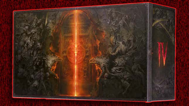 Kotak Diablo 4 besar mengambang di depan latar belakang merah dan hitam