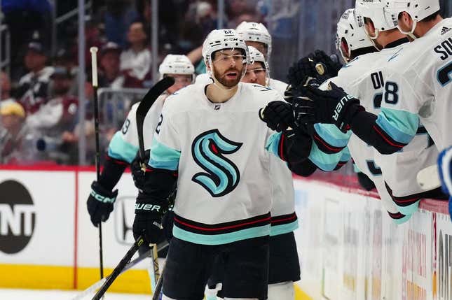 Apr 30, 2023; Denver, Colorado, USA; Seattle Kraken right wing Oliver Bjorkstrand (22) celebrates his goal in the second period against the Colorado Avalanche in game seven of the first round of the 2023 Stanley Cup Playoffs at Ball Arena.