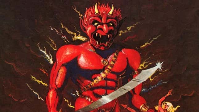 A red demon holds a giant scimitar in one hand and a scantily clad woman in the other.