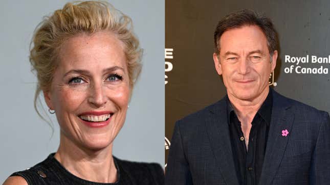 Gillian Anderson promoting The Crown, Jason Isaacs in April 2023