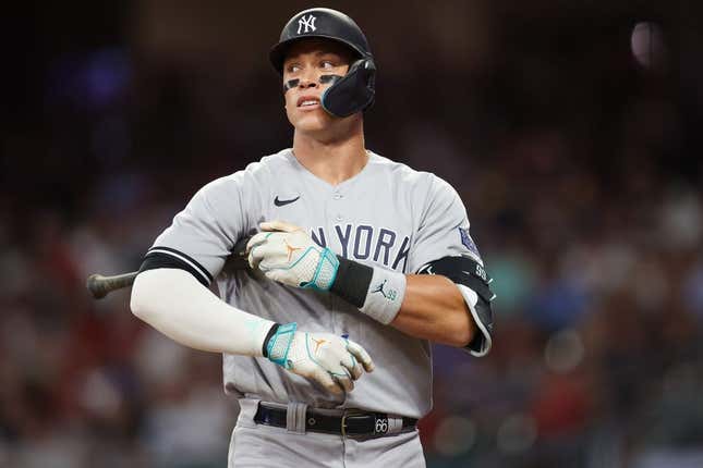 Aug 16, 2023; Atlanta, Georgia, USA; New York Yankees designated hitter Aaron Judge (99) reacts after a foul ball against the Atlanta Braves in the ninth inning at Truist Park.