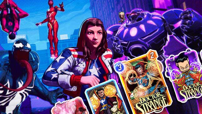 A group of Marvel heroes, including America Chavez and Venom, stand together behind some Doctor Strange cards. 