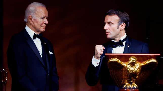 US president Joe Biden and French president Emmanuel Macron at a state dinner in December 2022.