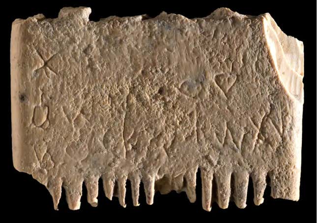 Canaanite lettering on an ancient ivory comb found in Israel.