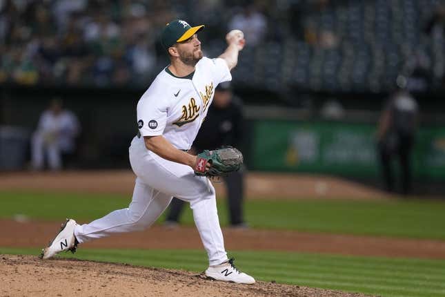 Jun 30, 2023; Oakland, California, USA; Oakland Athletics relief pitcher Sam Moll (60) throws a pitch against the Chicago White Sox during the eighth inning at Oakland-Alameda County Coliseum.