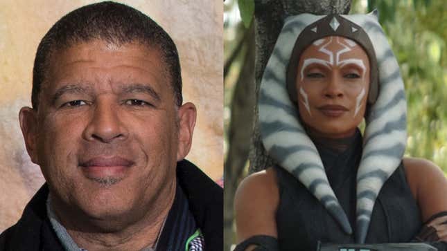 Peter Ramsey during a photocall for Spider-Man: Into the Spider-Verse in London, England, next to an image of Rosario Dawson as Ahsoka Tano in Star Wars: The Book of Boba Fett