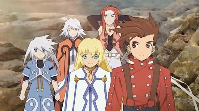 Tales of Symphonia's heroes stand around waiting for a patch. 