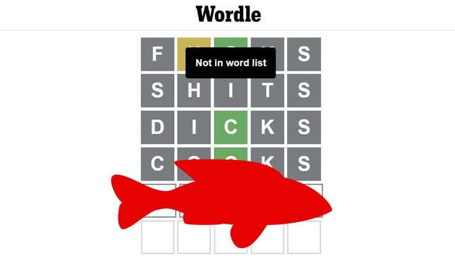 A red fish silhouette covers a guess that was recently banned from The New York Times' Wordle.  