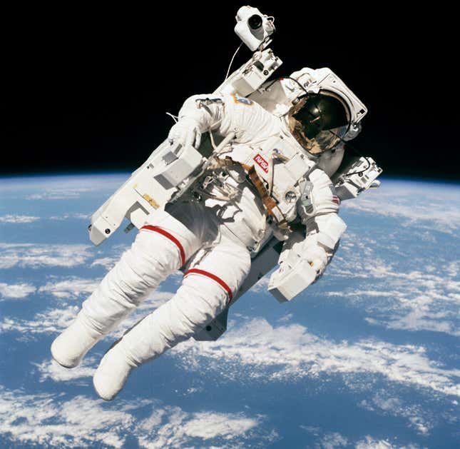 Look, mom! No tethers. NASA astronaut Bruce McCandless during the historic untethered spacewalk.