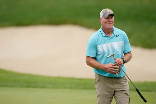 MADISON, WISCONSIN - JUNE 11: Former NFL player Brett Favre stands on the 14th green during the Celebrity Foursome at the second round of the American Family Insurance Championship at University Ridge Golf Club on June 11, 2022, in Madison, Wisconsin. 