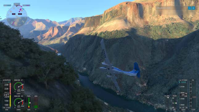 a plane flying inside the grand canyon in microsoft flight sim