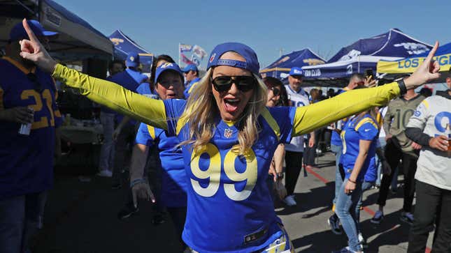 A Los Angeles Rams fan poses outside the stadium before the NFC Championship Game against the San Francisco 49er.