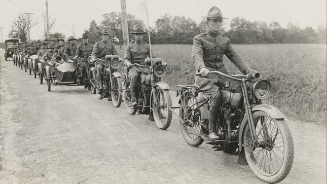 Soldiers ride Harley-Davidsons made for the US War Department in 1918.