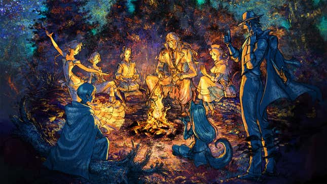 The cast of Octopath Traveler II is seen sitting around a campfire.