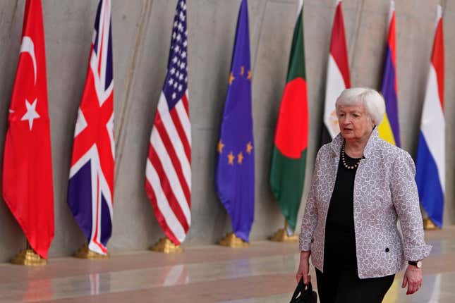 FILE - U. S. Treasury Secretary Janet Yellen leaves after attending G20&#39;s third Finance Ministers and Central Bank Governors (FMCBGs) meeting in Gandhinagar, India, July 17, 2023. Yellen is facing some deep skepticism from among the wealthy nations of the Group of 20 as almost two years of sanctions against Russia have deepened divisions within the group. As world leaders and finance ministers meet this week in India, fractures that have opened between some G20 nations may be more palpable.(AP Photo/Ajit Solanki, File)