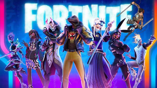 A YouTube thumbnail showcases the new cyberpunk and Attack on Titan skins coming to Fortnite Season 4 Chapter 2. 