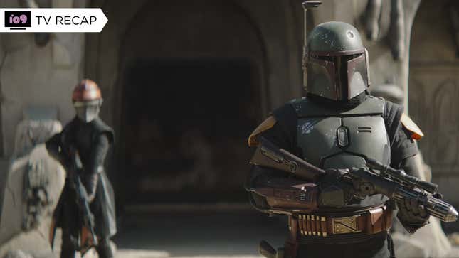 Fennec Shand and Boba Fett stand in front of the blown-up ruins of Garsa Fwip's Sanctuary.