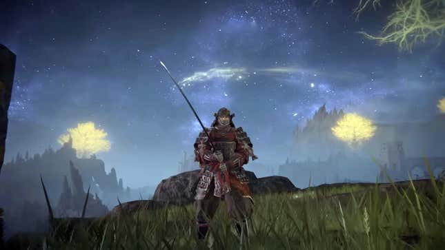 An Elden Ring samurai is standing in an empty field, with a Starry Night-esque sky behind them.