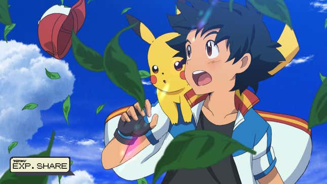 Ash is shown with his hat being blown off by a gust of wind while Pikachu sits on his shoulder.