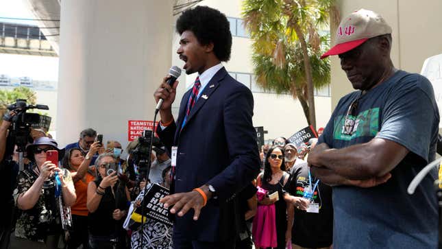 Tennessee State Rep. Justin Pearson, D-Memphis, left, speaks alongside historian Marvin Dunn, right, during the “Teach No Lies” march outside of the School Board of Miami-Dade County to protest Florida’s new standards for teaching Black history, which have come under intense criticism for what they say about slavery, Wednesday, Aug. 16, 2023, in Miami. 
