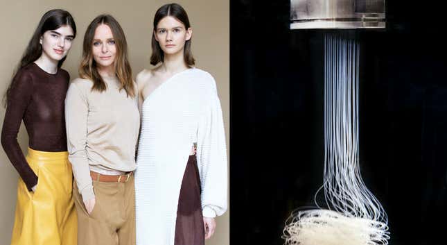 Left, clothing designed by Stella McCartney, made from Bolt Thread's synthetic spider silk, seen closeup in the image on the right.