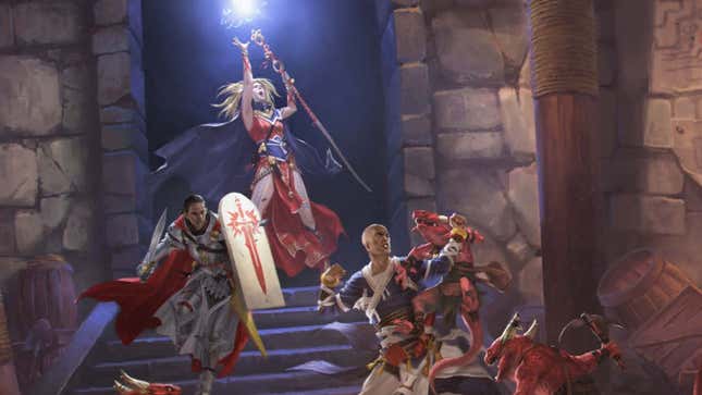 A party of heroes engages in battle with creatures that look like lizard people.