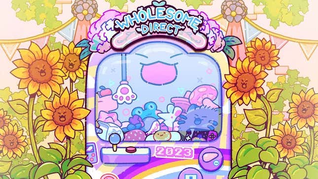 The Wholesome Direct logo is seen on top of a claw machine with several plushies inside.
