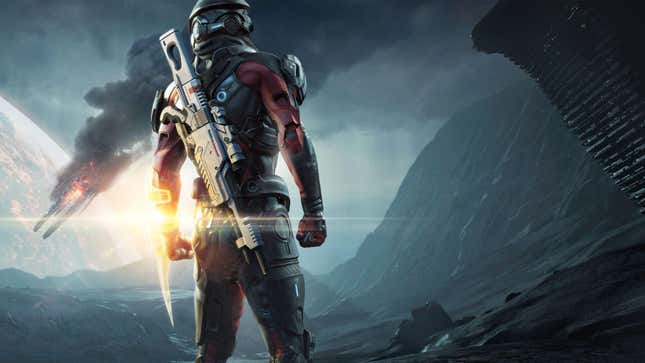 An N7 soldier is seen standing with an omni-blade drawn as a ship crash lands in the background.