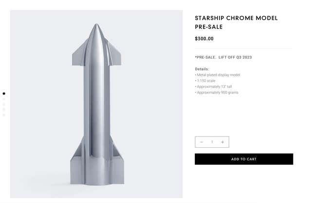 Ein Screenshot der Starship Chrome Model-Rakete im SpaceX-Store.