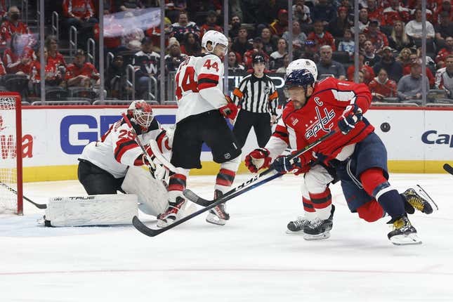 Apr 13, 2023; Washington, District of Columbia, USA; Washington Capitals left wing Alex Ovechkin (8) shoots the puck on New Jersey Devils goaltender Mackenzie Blackwood (29) in the first period at Capital One Arena.