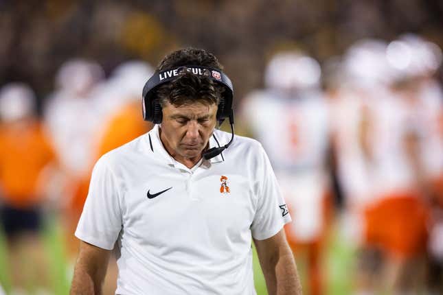 Sep 9, 2023; Tempe, Arizona, USA; Oklahoma State Cowboys head coach Mike Gundy reacts against the Arizona State Sun Devils at Mountain America Stadium.
