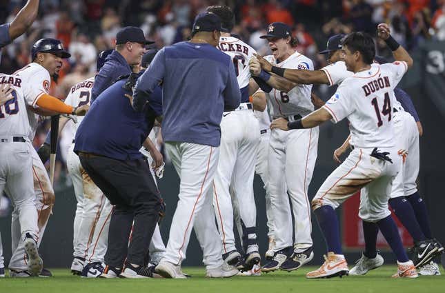 May 17, 2023; Houston, Texas, USA; Houston Astros center fielder Jake Meyers (6) celebrates with teammates after the Astros defeated the Chicago Cubs at Minute Maid Park.