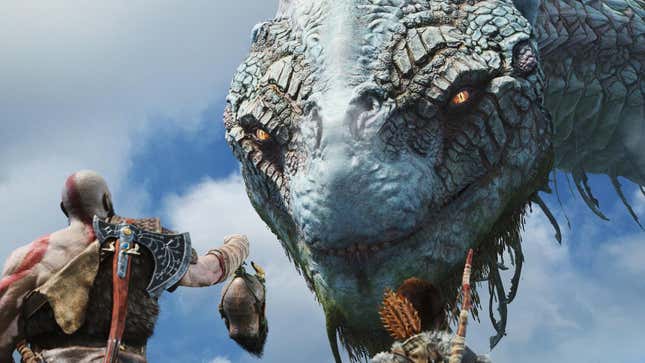 God of War's Kratos holds up a decapitated head to a sea serpant. 
