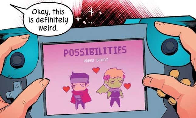 A comic panel shows Wiccan holding a magical video game starring himself and his husband.