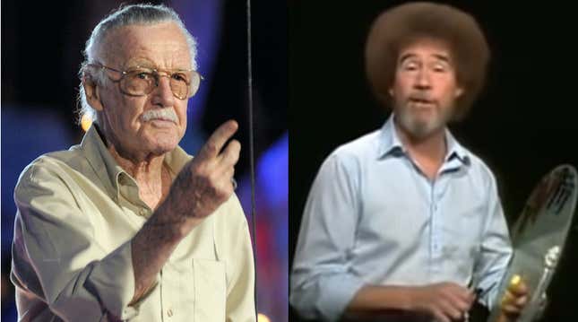 Stan Lee accepting an award on stage, and Bob Ross getting ready to paint something on television.
