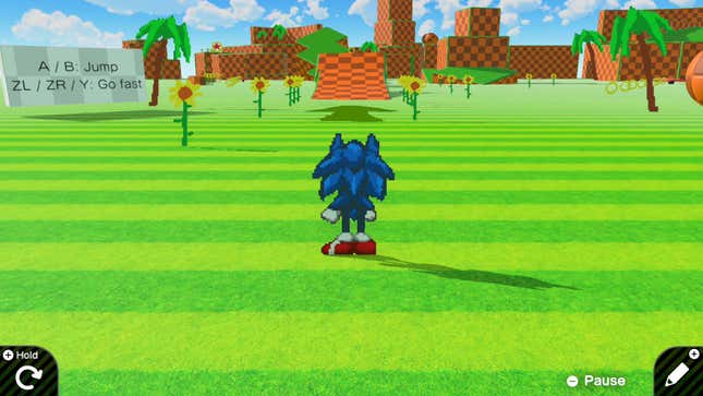 Sonic the Hedgehog stands before a fan-created Green Hill Zone