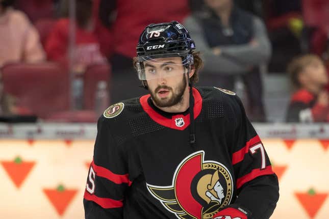 Oct 1, 2022; Ottawa, Ontario, CAN; Ottawa Senators left wing Egor Sokolov (75) during warmup prior to start of game against the Montreal Canadiens at the Canadian Tire Centre.