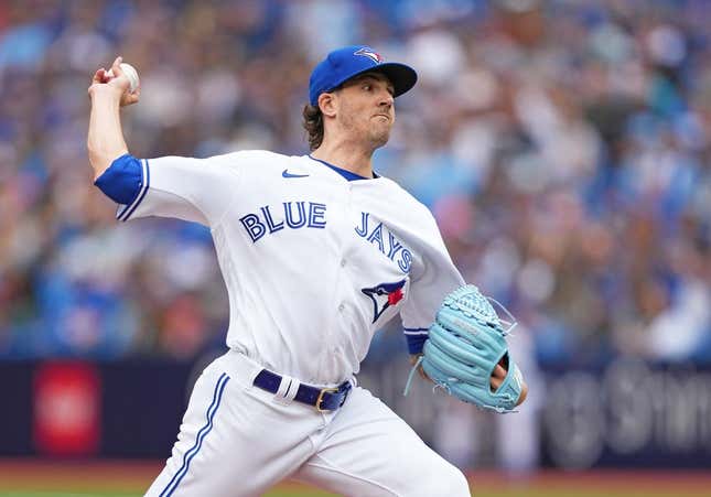 Sep 9, 2023; Toronto, Ontario, CAN; Toronto Blue Jays starting pitcher Kevin Gausman (34) pitches against the Kansas City Royals during the first inning at Rogers Centre.