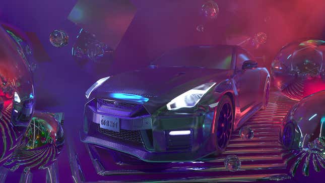 The NFT features vibrant colors and holographs around a Nissan GT-R
