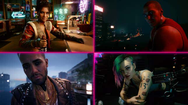 Four different love interests in Cyberpunk 2077 are arranged in a collage.