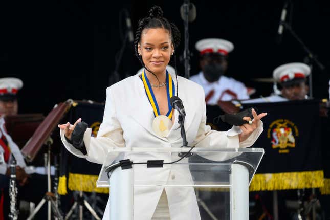 Rihanna Fenty speaks after becoming Barbados 11th National Hero during the National Honors ceremony and Independence Day Parade at Golden Square Freedom Park in Bridgetown, Barbados, on November 30, 2021.