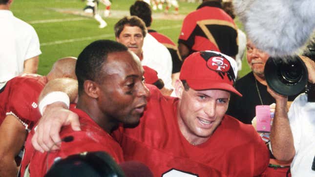 Jerry Rice and Steve Young celebrate in 1995.