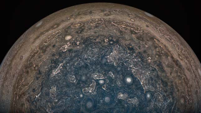 Jupiter’s south pole as captured by NASA’s Juno spacecraft. 