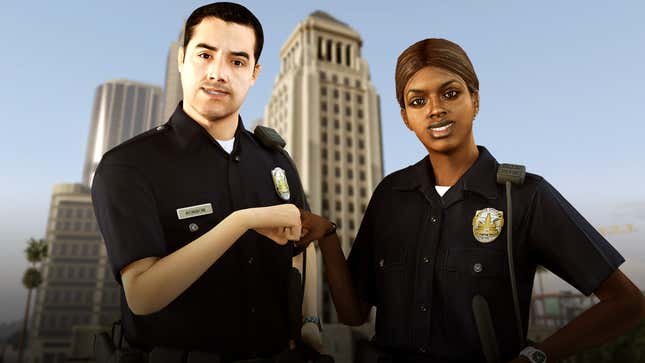 A promotional Grand Theft Auto V image shows two cops fist-bump in front of a city skyline.