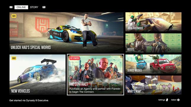 Ένα στιγμιότυπο οθόνης του νέου μενού GTA Online