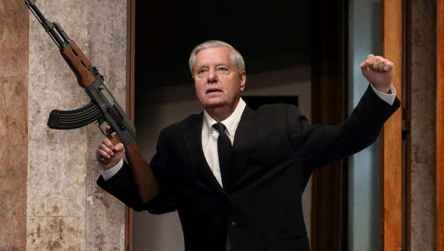 Image for article titled Lindsey Graham Bursts Into Confirmation Hearing With Rifle, Demands Senators Free The Children Now