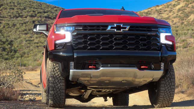 close-up shot of the front end of a red 2023 chevy silverado zr2