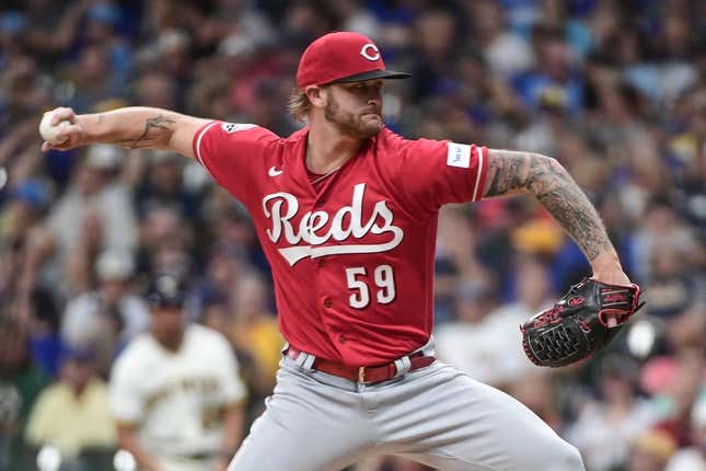 Jul 26, 2023; Milwaukee, Wisconsin, USA; Cincinnati Reds starting pitcher Ben Lively (59) pitches against the Milwaukee Brewers in the first inning at American Family Field.