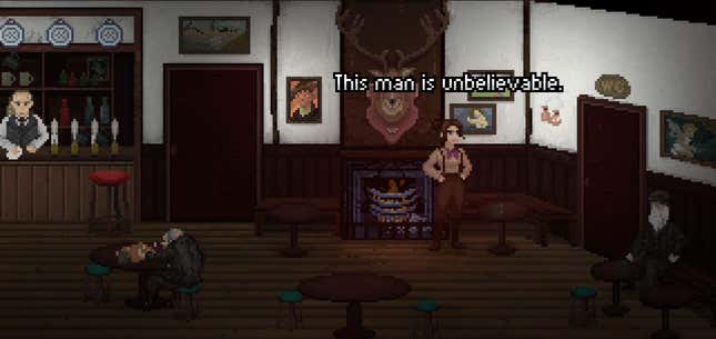 Thomasina stands in the pub, saying of one local, 'This man is unbelievable.'