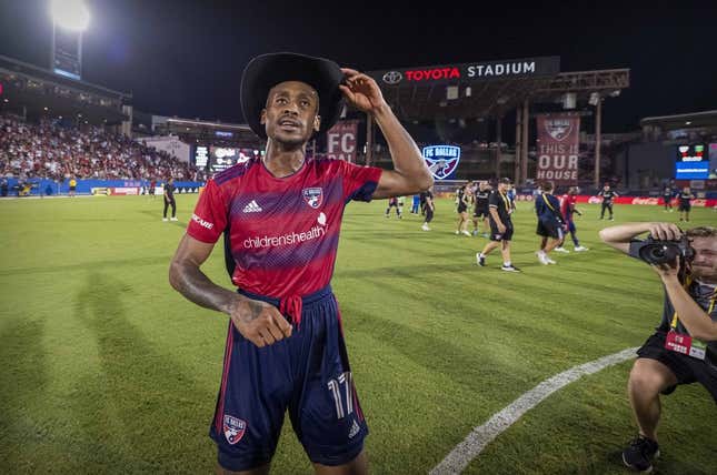 Aug 26, 2023; Frisco, Texas, USA; FC Dallas defender Nkosi Tafari (17) celebrates with the cowboy hat for being named man of the match in the victory over Austin FC at Toyota Stadium.